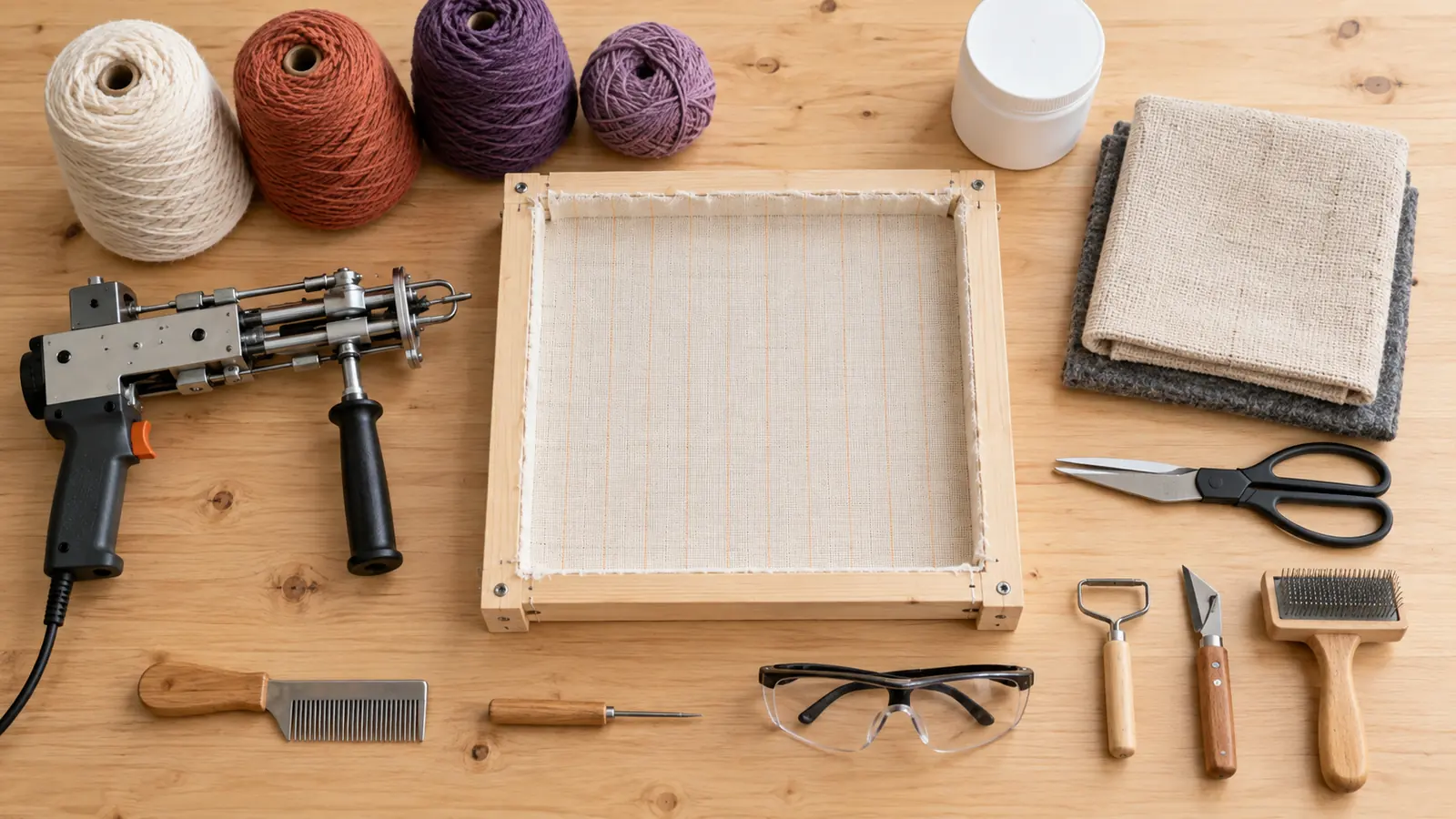 Flat lay of a tufting gun, framed primary cloth, yarn, backing fabric, scissors, adhesive container, and safety glasses