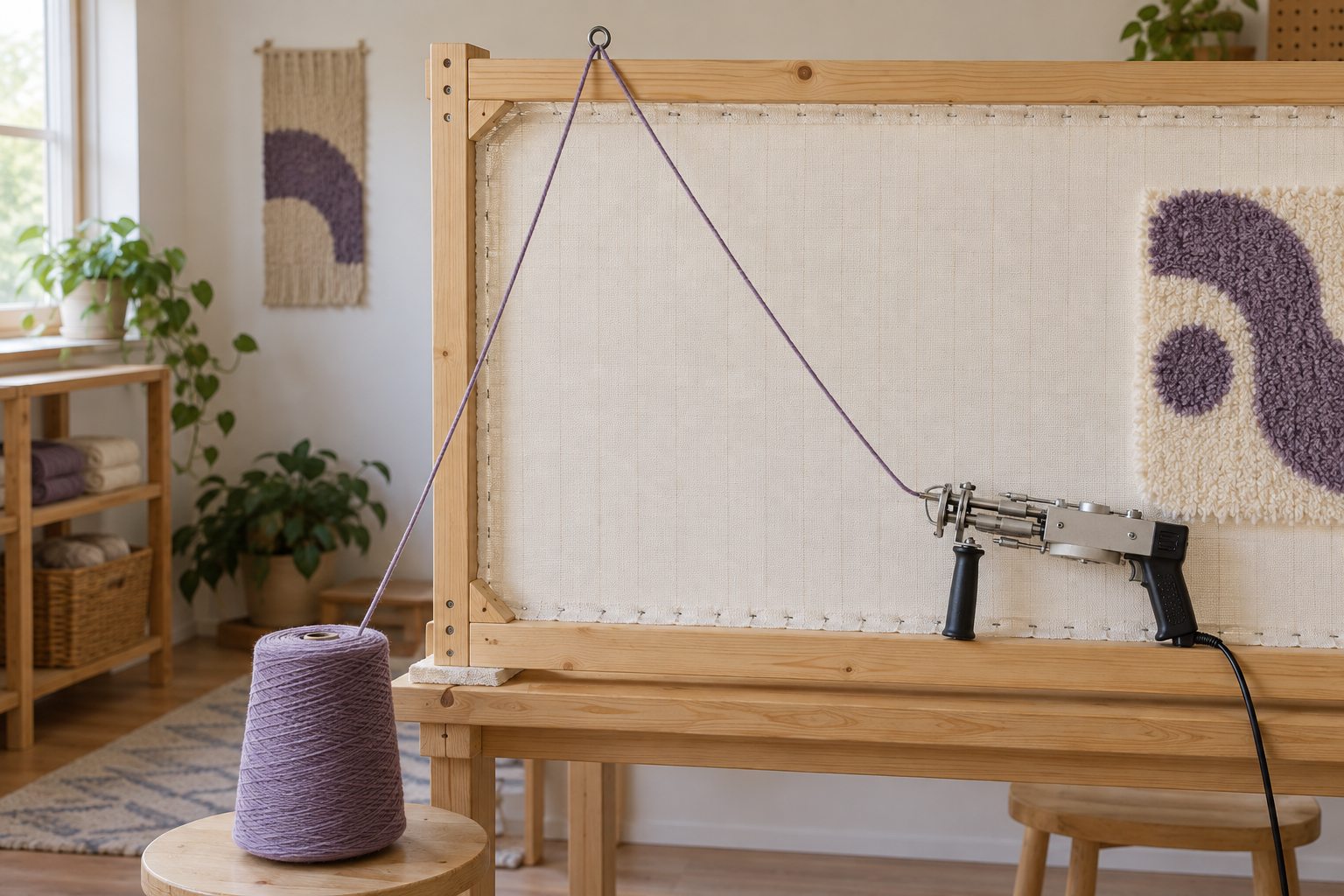 Yarn fed from a cone through an eye screw at the top of a tufting frame so it reaches the gun from above.