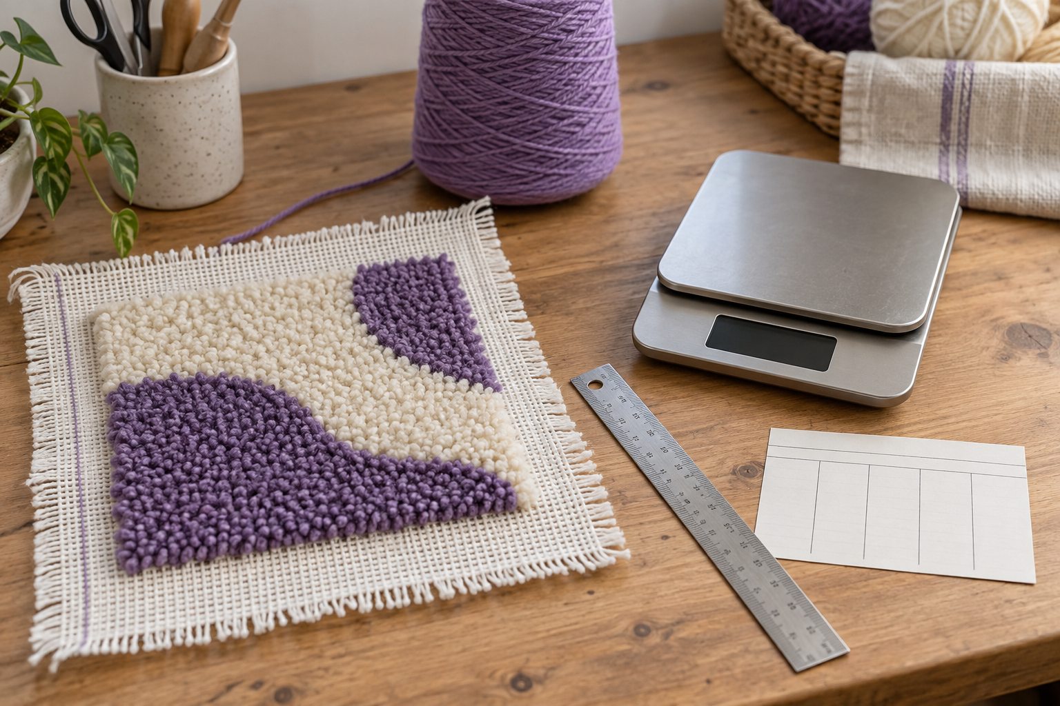 Tufted test square beside a yarn cone on a kitchen scale and a ruler, the setup for a sample-based yarn estimate.