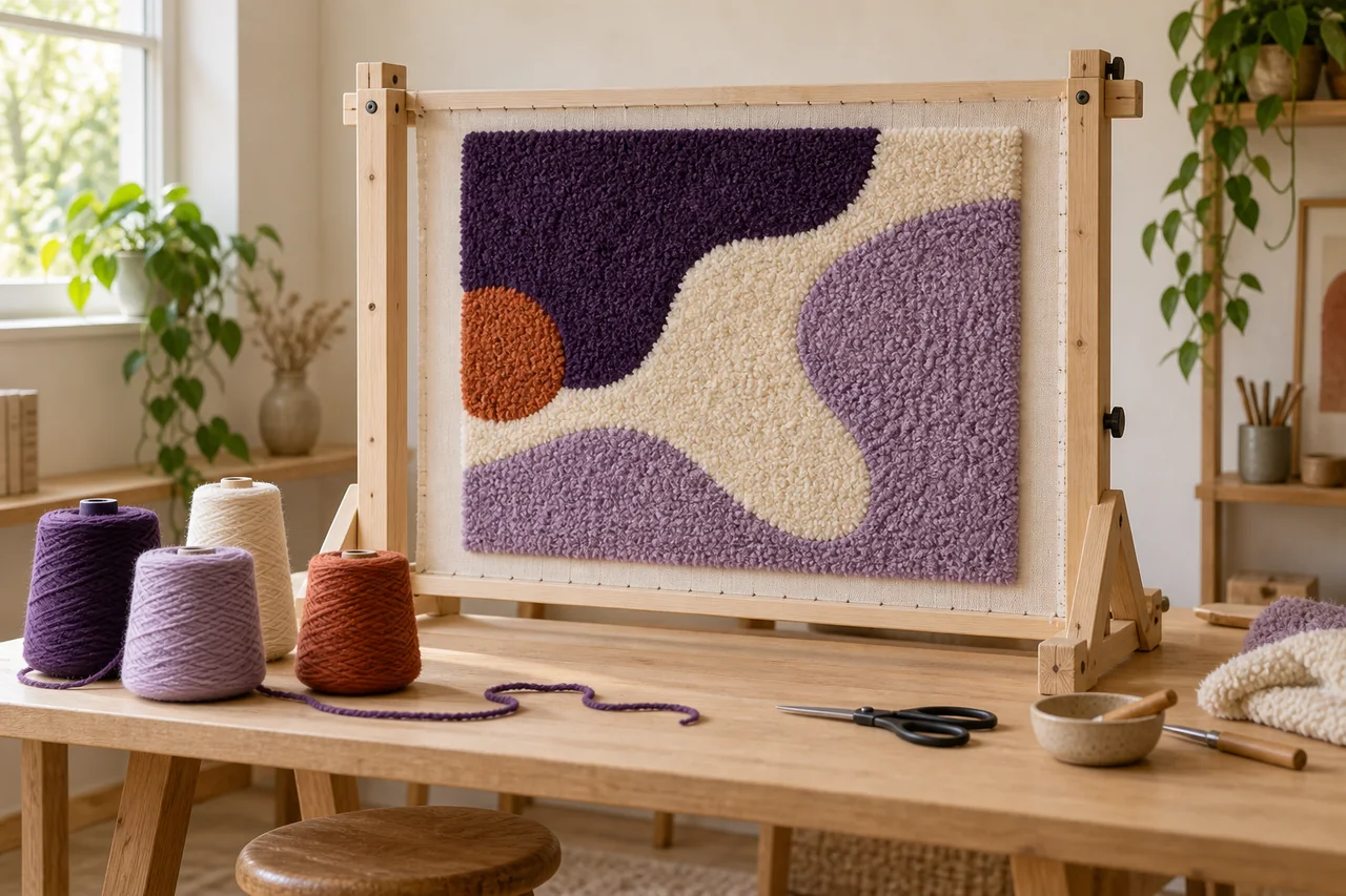 Tufting frame with a purple, lilac, cream, and terracotta rug in progress on a wood craft table